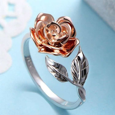 Rose adjustable ring with double color copper plating and white zircon stone shaped like a rose and leaves