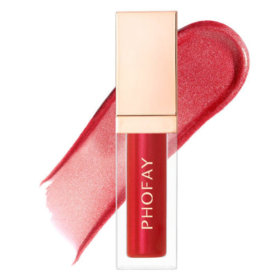 PHOFAY Ultra-Glossy Lip Gloss in red with high-shine finish and gold cap against a white background