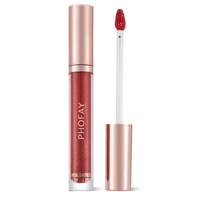 PHOFAY Hyaluronic Lip Gloss in shiny red with rose gold cap and applicator wand