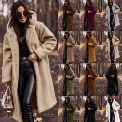 Woman wearing plush long teddy coat in beige and collage of the same style coat in multiple colors outdoors autumn setting