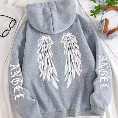 Fashion High Street women's gray hooded sweatshirt with angel wings design and drawstring kangaroo pocket