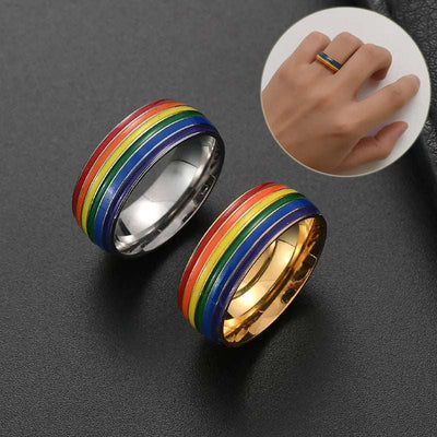 Fashion Rainbow Pride Ring in stainless steel with colorful rainbow stripes, unisex style, available in gold and silver.