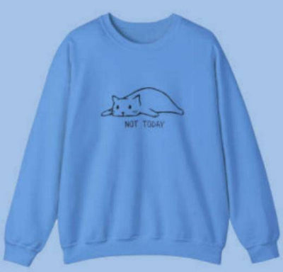 Sky blue round neck sweater with lazy cat print and long sleeves, loose fit pullover for men.