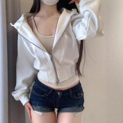 white slim fit women's double zipper cinched hoodie coat with long sleeves and short length