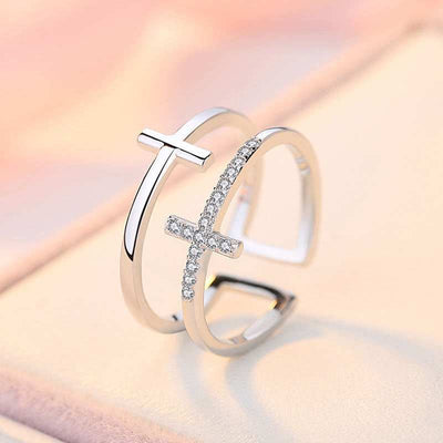 Double Cross Miniature adjustable white gold ring with copper base and zircon inlaid sterling silver crosses