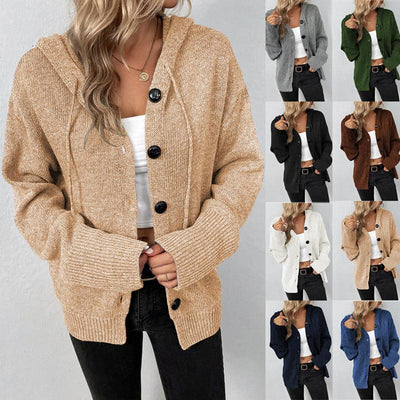 women's thick drawstring knitted cardigan coat with hood and buttons in various colors