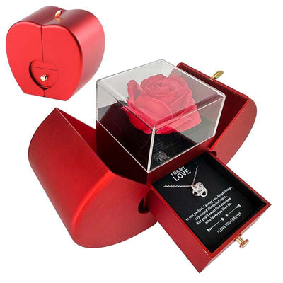 Red apple-shaped fashion jewelry box with eternal rose and silver necklace gift set